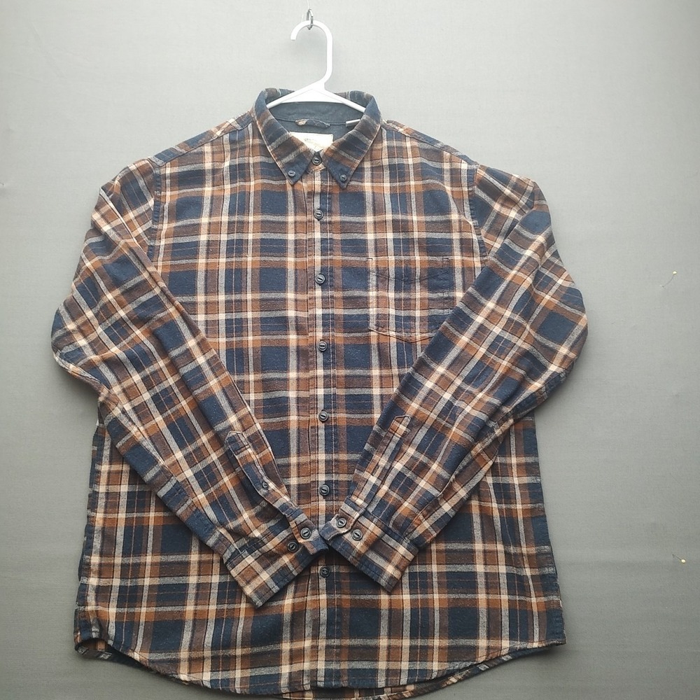Weatherproof Vintage Shirt Size L Large Brown Blue Plaid Button Down Flannel